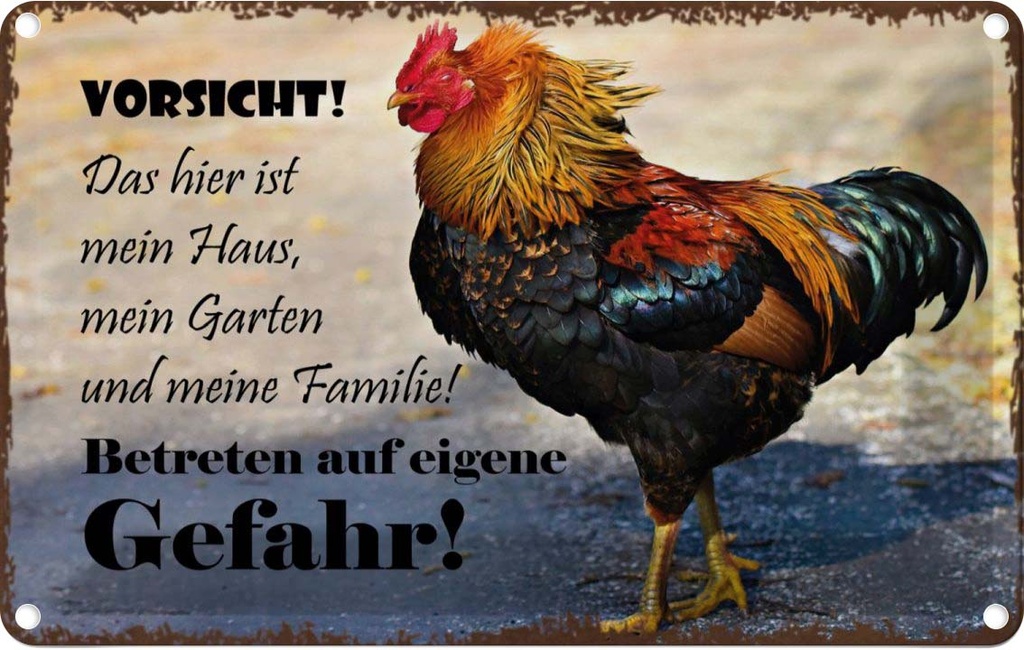 [LA-113814-1812] Blechschild 12x18 cm Huhn Vorsicht das mein Haus Tier Haustier Spruch Zitat