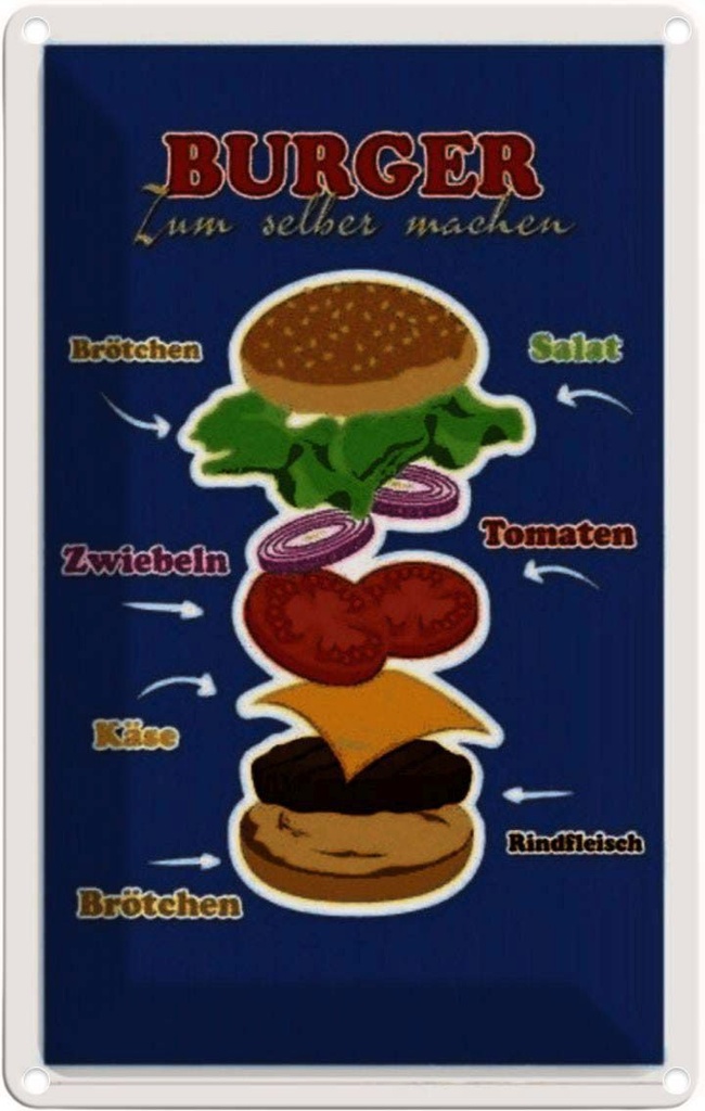 [LA-113882-1812] Blechschild 18x12 cm Rezept Burger zum selber machen England Amerika USA American Diner