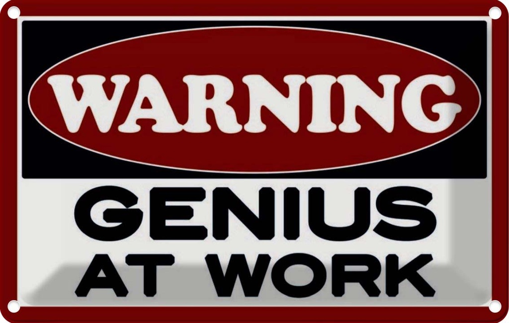 [LA-114021-1812] Blechschild 12x18 cm Warning Genius at work Warnschild Hinweisschild Sicherheit Vorsicht