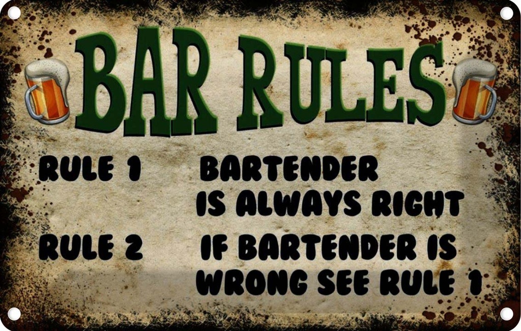 [LA-114130-1812] Blechschild 12x18 cm Bier Bar Rules Bartender always Club Alkohol