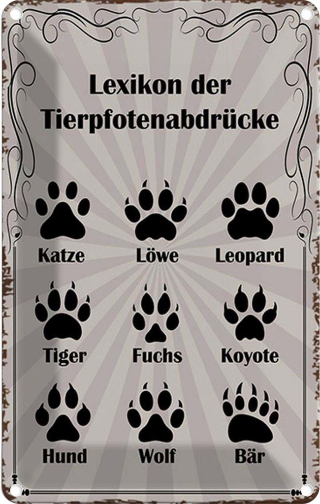 [LA-114199-1812] Blechschild 18x12 cm Lexikon Tierpfotenabdrücke Tiere Tier Haustier