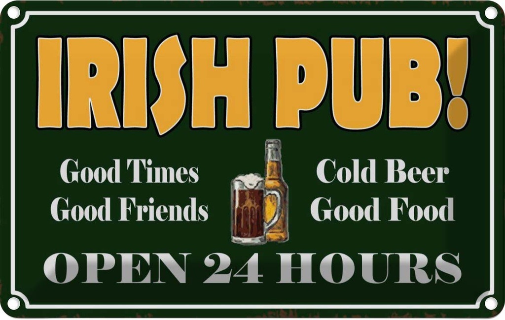 [LA-114235-1812] Blechschild 12x18 cm Irish Pub gold Beer open 24 Warnschild Hinweisschild Sicherheit Vorsicht