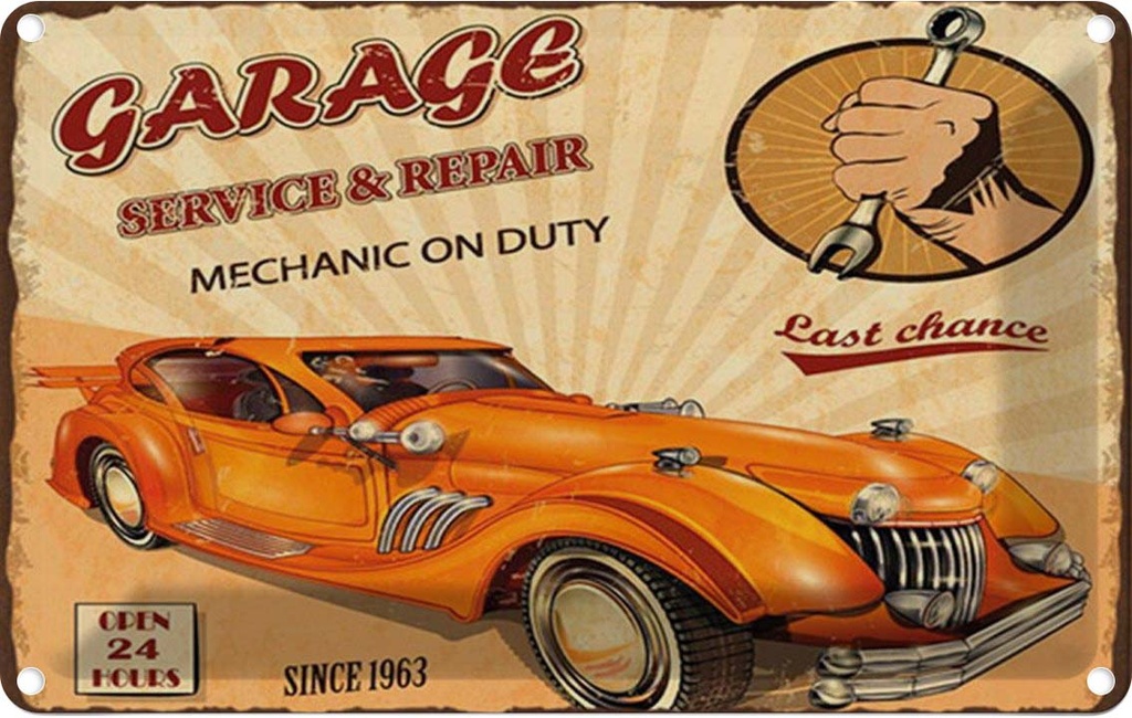[LA-114243-1812] Blechschild 12x18 cm Garage Service mechanic on duty Auto Werkstatt