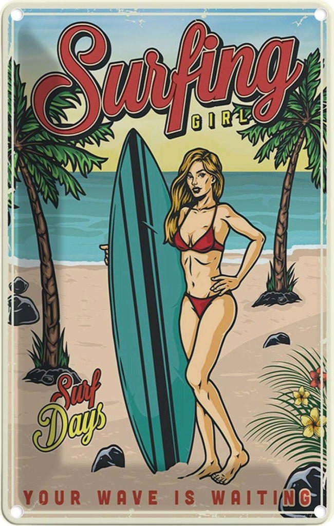 [LA-114607-1812] Blechschild 18x12 cm Pin Up Surfing Girl Sommer Party