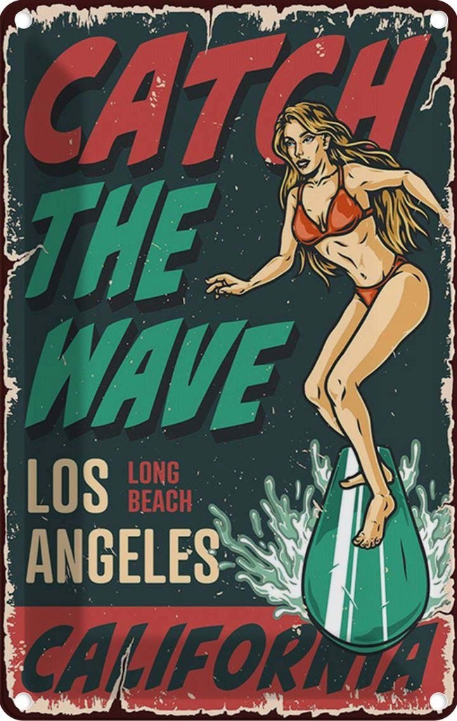 [LA-114626-1812] Blechschild 18x12 cm Pinup Surfing Girl Los Angeles Sommer Pin Up