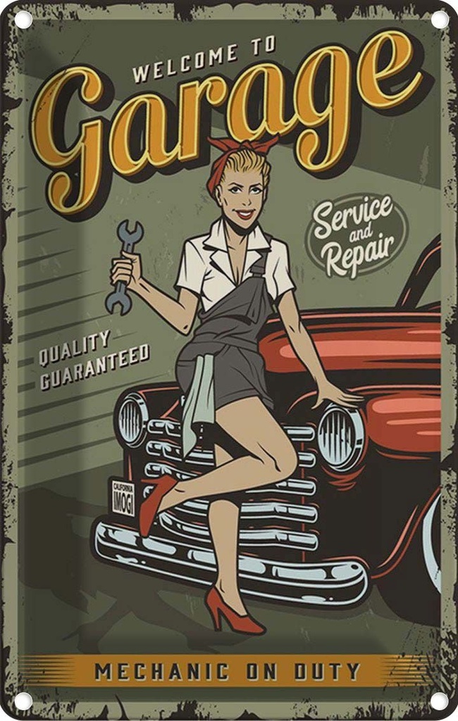 [LA-114663-1812] Blechschild 18x12 cm Pinup welcome to Garage service Pin Up