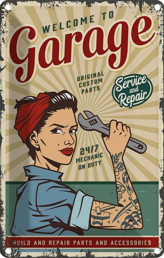 [LA-114664-1812] Blechschild 18x12 cm Pinup welcome Garage service 24/7 Pin Up