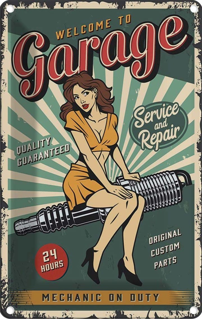 [LA-114666-1812] Blechschild 18x12 cm Pinup welcome Garage 24 service Pin Up