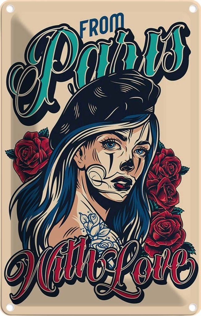 [LA-114683-1812] Blechschild 18x12 cm Pinup Tattoo from Paris with love Pin Up
