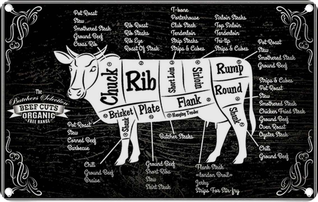 [LA-114716-1812] Blechschild 12x18 cm Kuh Beef cuts Organic Metzgerei Hofladen Marktstand Laden