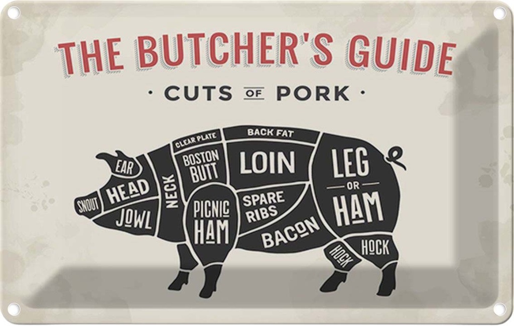 [LA-114730-1812] Blechschild 12x18 cm Schwein Pork cuts Metzgerei Fliesch Hofladen Marktstand Laden