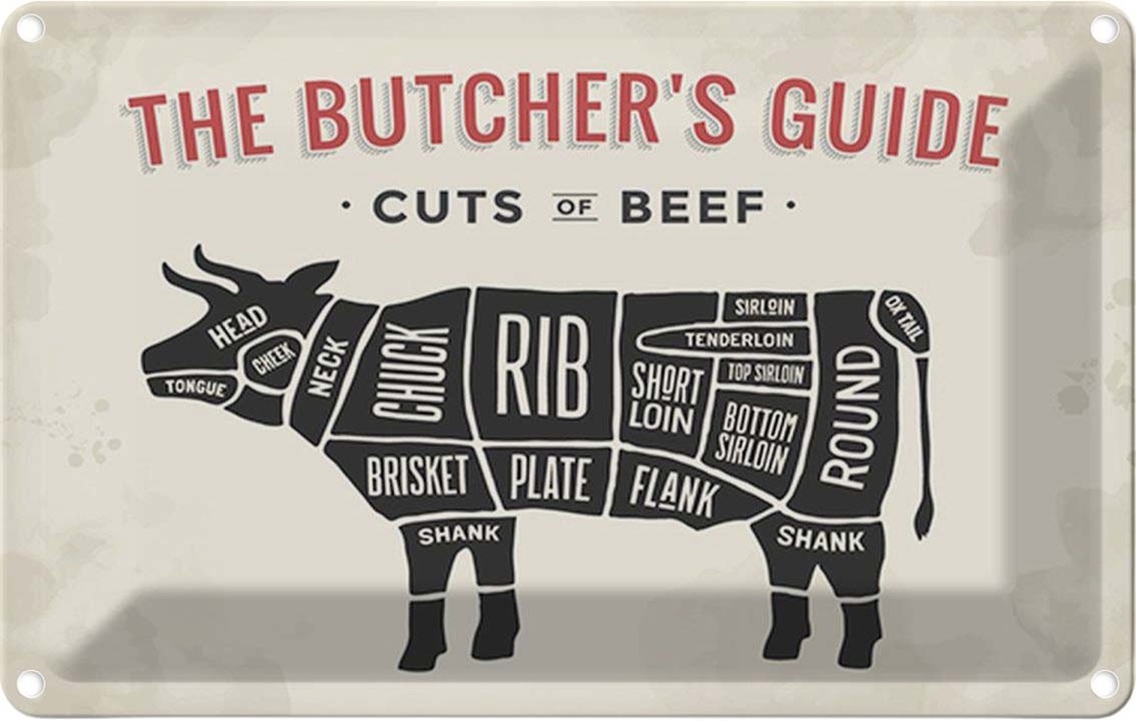 [LA-114731-1812] Blechschild 12x18 cm Kuh Beef cuts Fleisch Metzgerei Hofladen Marktstand Laden