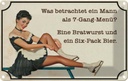 Blechschild 20x30 cm 7-Gang-Menü Mann Wurst Bier Essen Trinken