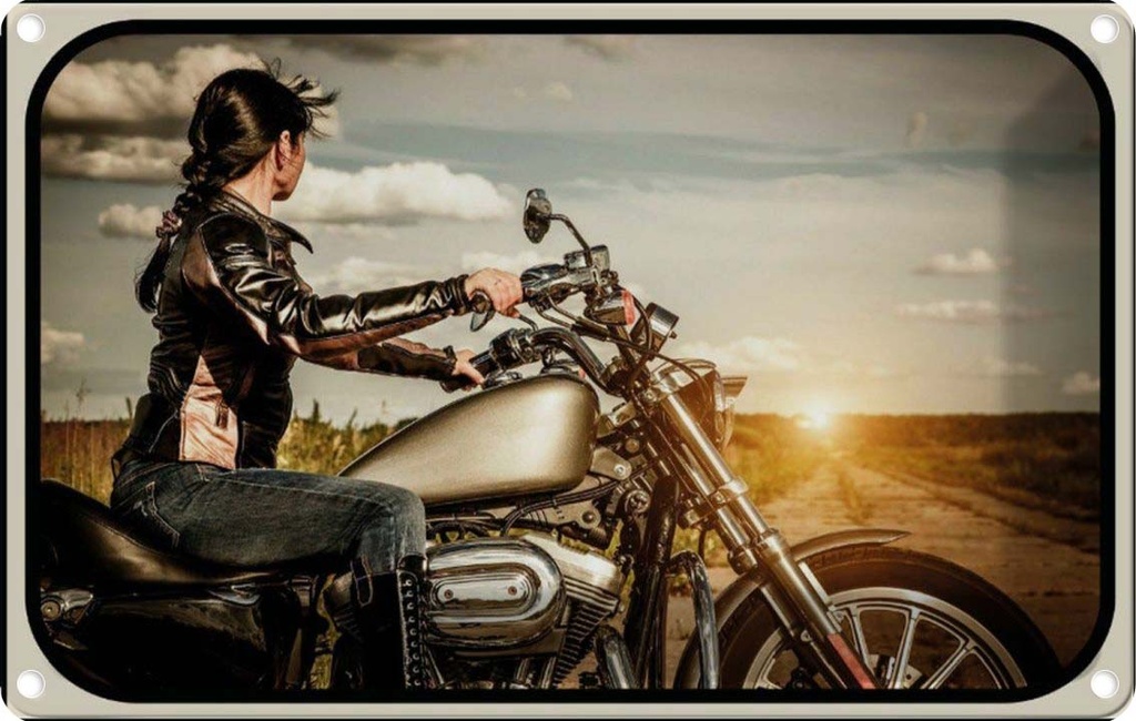 [LA-113649-2030] Blechschild 20x30 cm Motorrad Frau Girl Sonnenaufgang Auto Garage Werkstatt