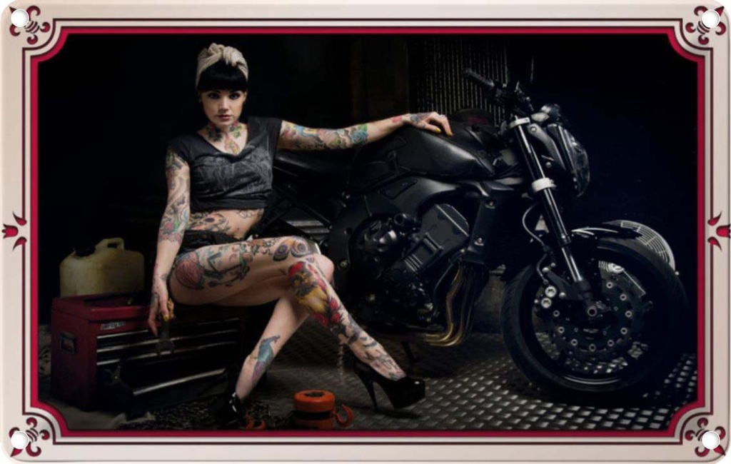 [LA-113666-2030] Blechschild 20x30 cm Motorrad Bike Girl Pinup Frau Tattoo Bildmotiv Pin Up