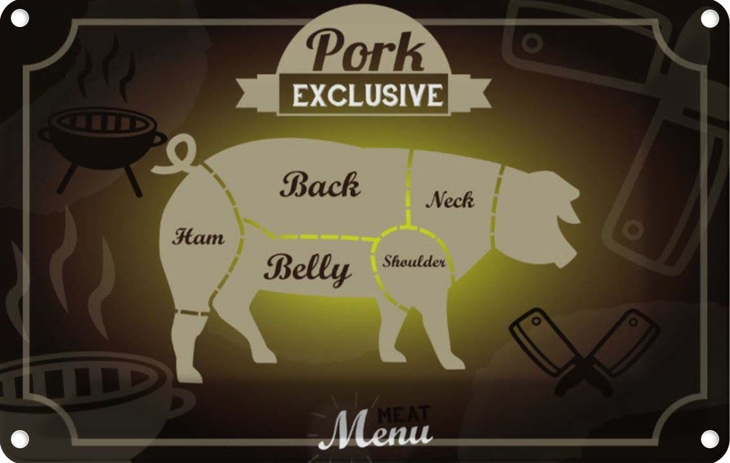 [LA-113707-2030] Blechschild 20x30 cm Fleisch Schnitte Pork exklusive Menü Essen Trinken
