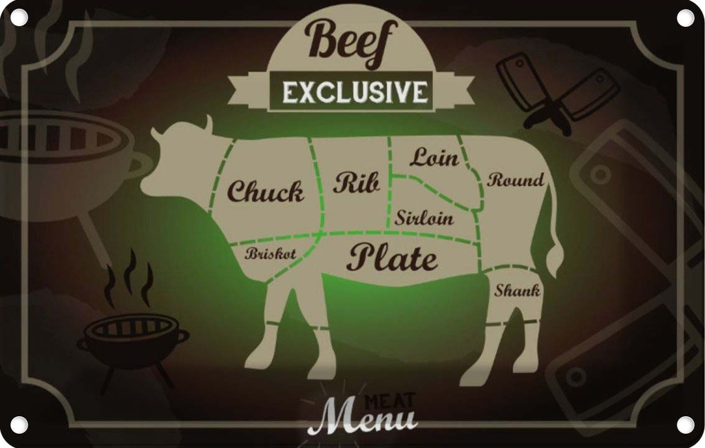 [LA-113708-2030] Blechschild 20x30 cm Fleisch Schnitte Beef exklusive Menü Essen Trinken