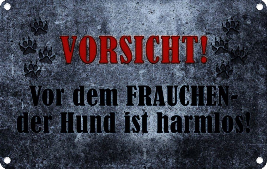 [LA-113904-2030] Blechschild 20x30 cm Vorsicht Frau Hund harmlos Warnschild Hinweisschild Sicherheit