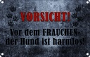 Blechschild 20x30 cm Vorsicht Frau Hund harmlos Warnschild Hinweisschild Sicherheit