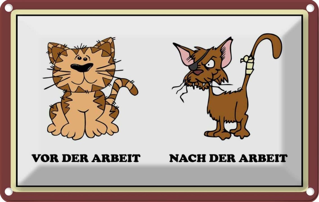 [LA-114056-2030] Blechschild 20x30 cm Katze vor Arbeit nach der lustig Tier Haustier
