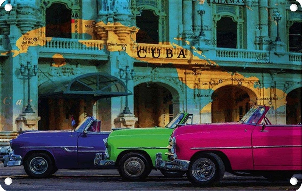 [LA-114169-2030] Blechschild 20x30 cm Cuba Karte 3 Autos Auto Garage Werkstatt