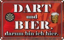 Blechschild 20x30 cm Dart und Zitat Bier darum bin ich hier Sport Hobby Spruch