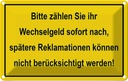 Blechschild 20x30 cm Bitte zählen Sie Wechselgeld Warnschild Hinweisschild Sicherheit Vorsicht