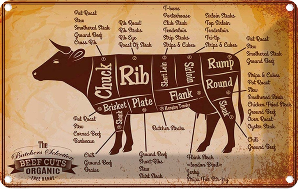 [LA-114611-2030] Blechschild 20x30 cm Kuh Beef cuts Organic Metzgerei Hofladen Marktstand Laden