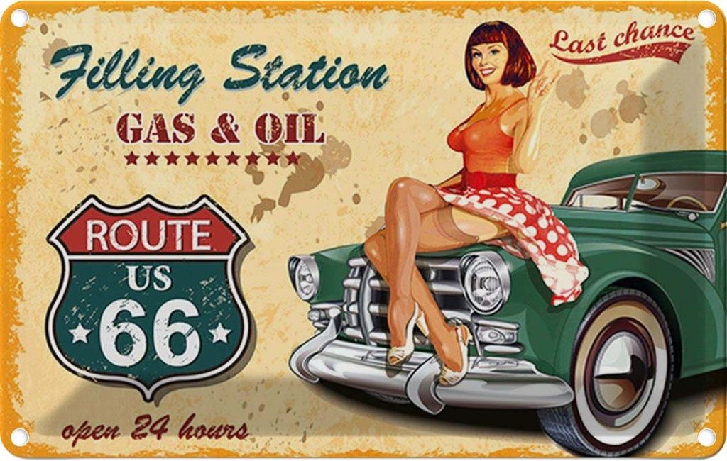 [LA-114765-2030] Blechschild 20x30 cm Pinup Gas Oil open 24 hours Pin Up
