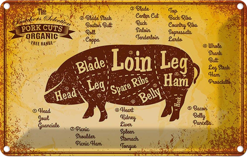 [LA-114810-2030] Blechschild 20x30 cm Schwein Pork cuts organic Metzgerei Hofladen Marktstand Laden