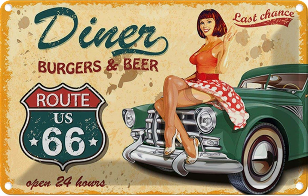 [LA-114764-1812] Blechschild 12x18 cm Pinup diner burgers beer Amerika USA Pin Up American