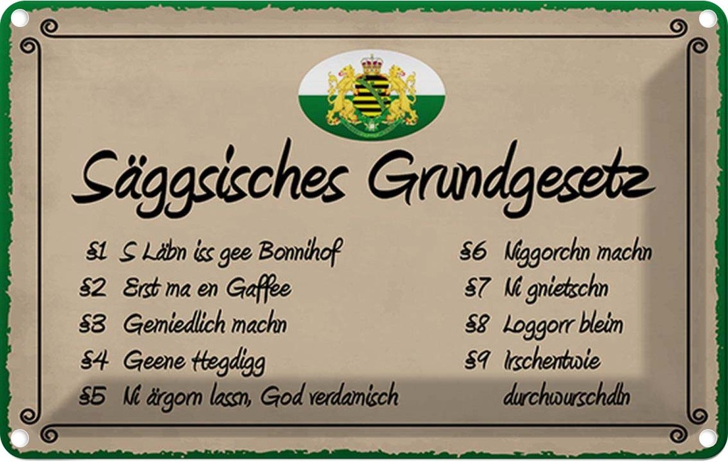 [LA-115134-1812] Blechschild 12x18 cm säggsisches Grundgesetz lustig Witz Humor Spaß Dekoration