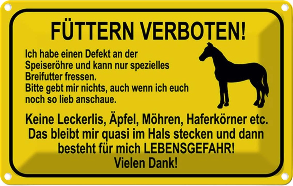 [LA-115209-1812] Blechschild 12x18 cm füttern verboten Pferde Warnschild Hinweisschild Sicherheit Vorsicht