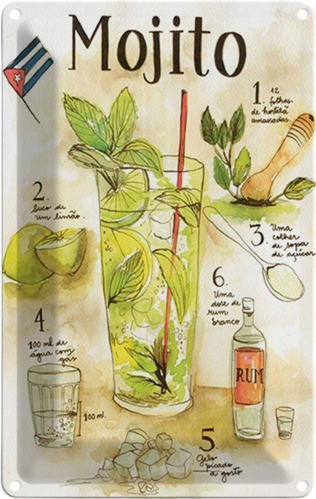 Blechschild 18x12 cm Mojito Rum suco de limão Agua