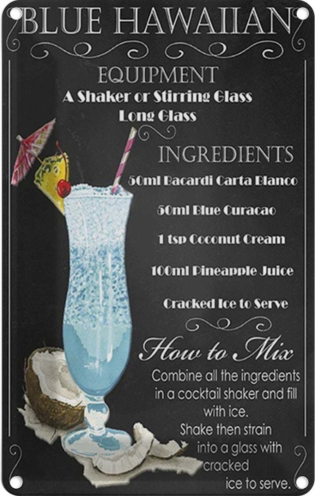 Blechschild 18x12 cm blue hawaiian ingredients