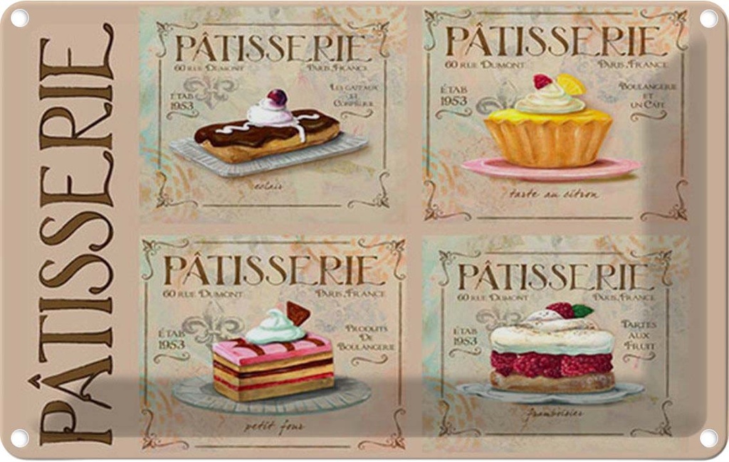 Blechschild 12x18 cm Patisserie Kuchen Sorte Bäckerei