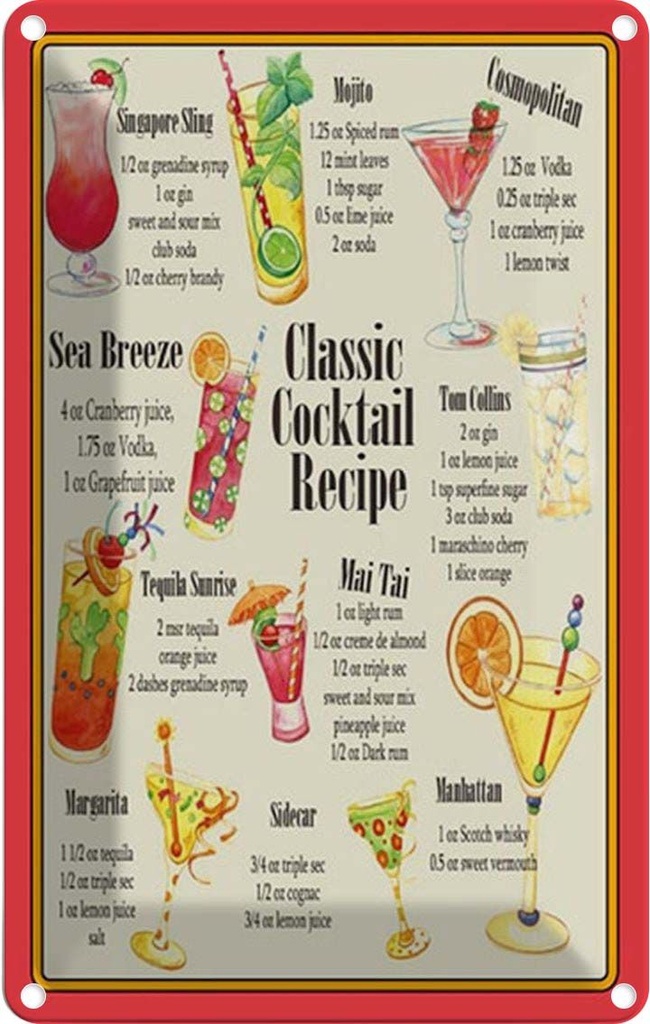 Blechschild 18x12 cm Alkohol Classic Cocktail Recipe Rezepte
