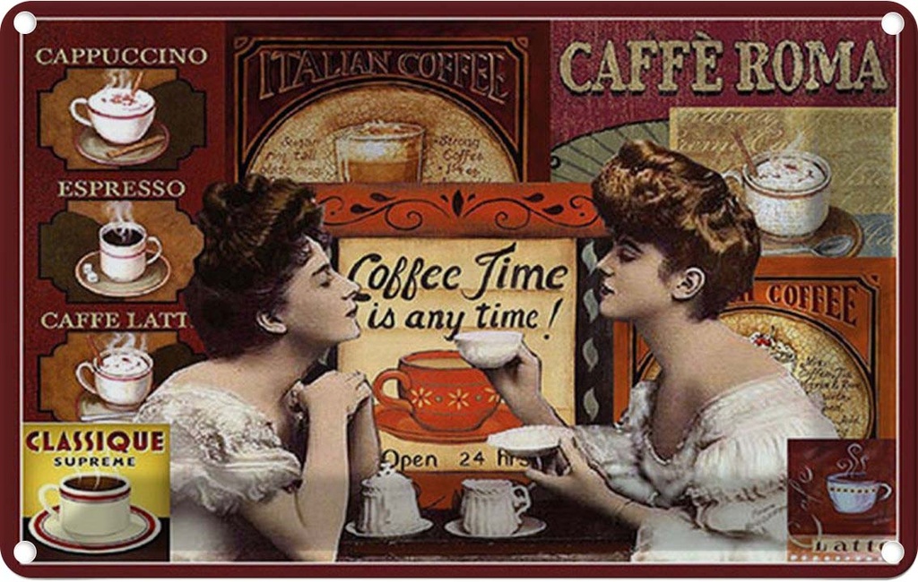 Blechschild 12x18 cm Coffee Roma time is any time