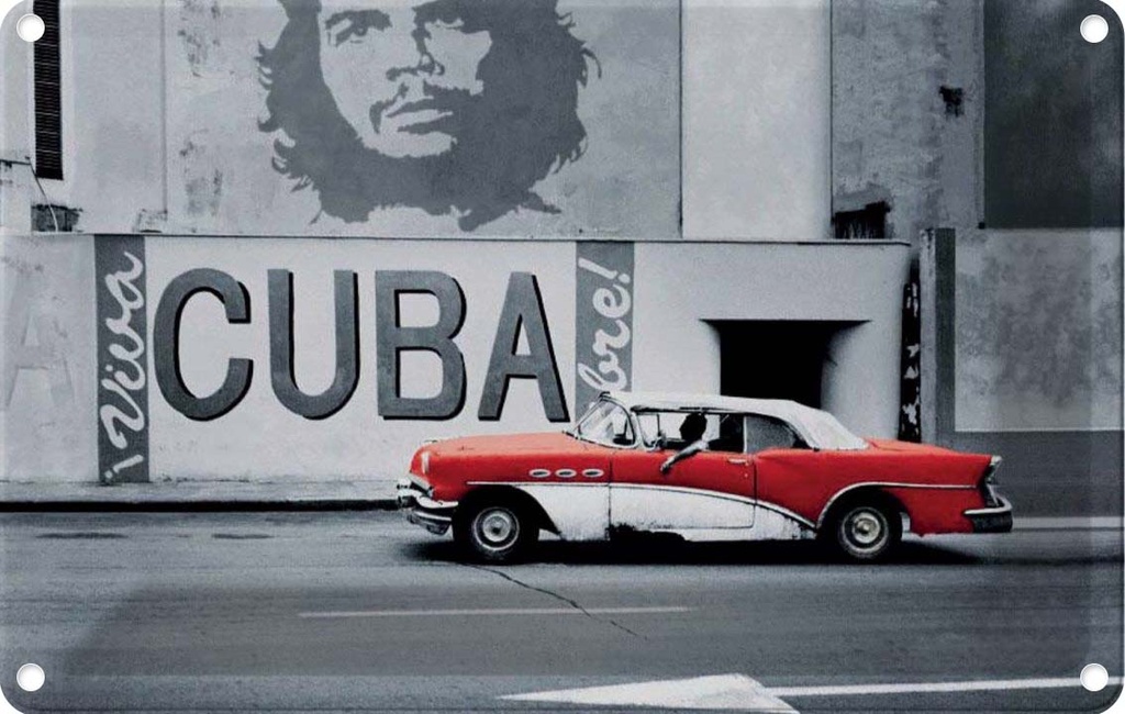 Blechschild 12x18 cm Cuba Guevara Auto rot Oldtimer Bildmotiv Reisemotiv Abenteuer Reisen Urlaub