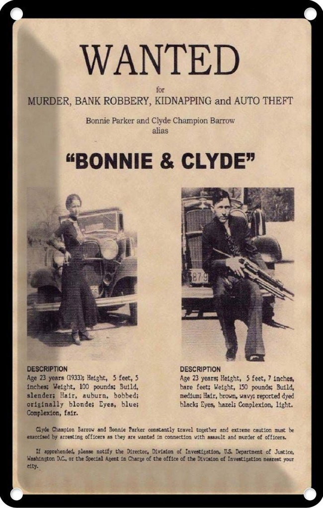 Blechschild 18x12 cm wanted Bonnie Clyde