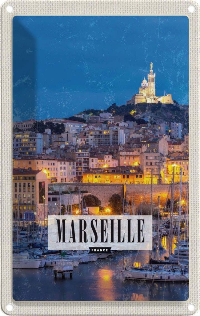 [LA-1781822] Blechschild 18x12 cm Retro Marseille France Panorama Nacht Bildmotiv Reisemotiv Abenteuer Reisen Urlaub