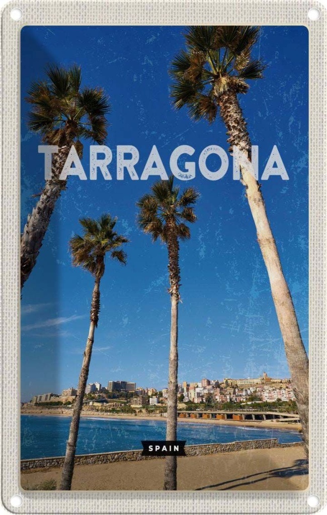 [LA-1781846] Blechschild 18x12 cm Tarragona Spanien Palmen mit Meerblick Bildmotiv Reisemotiv Abenteuer Reisen Urlaub