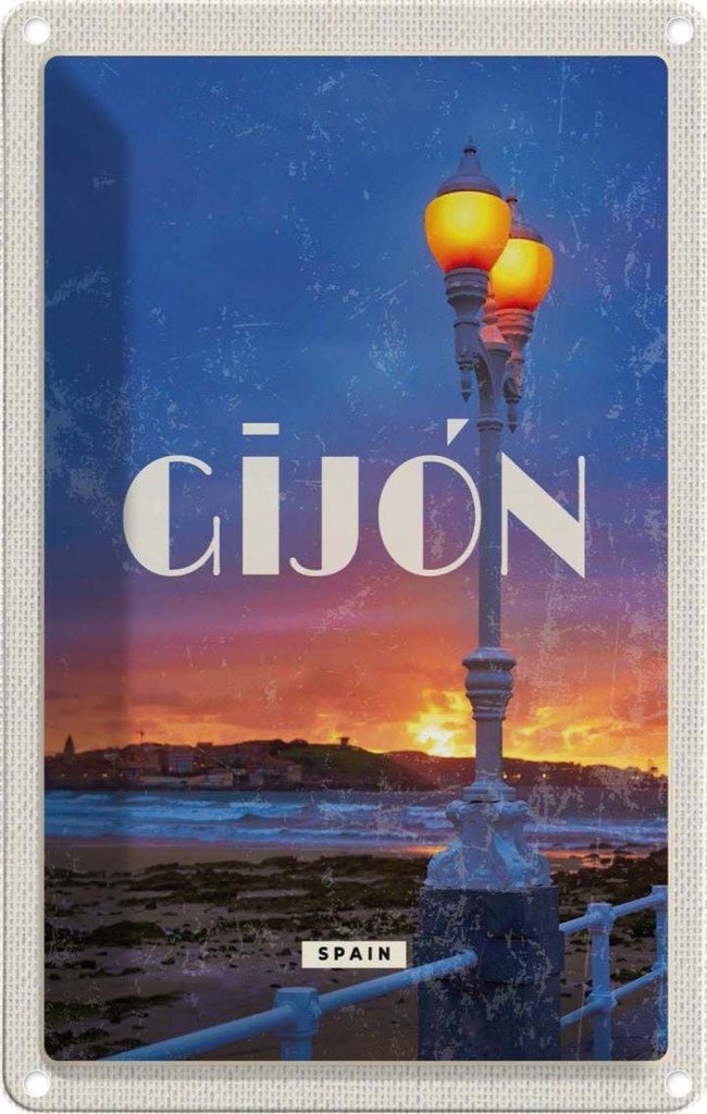 [LA-1781883] Blechschild 18x12 cm Gijon Spain Sonnenuntergang Meer Bildmotiv Reisemotiv Abenteuer Reisen Urlaub