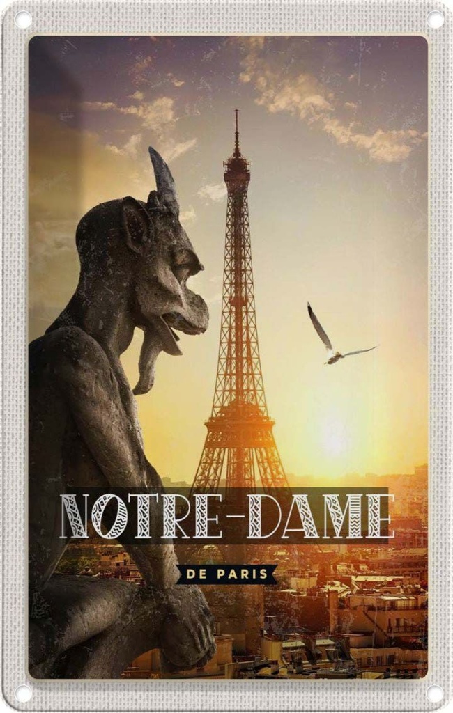[LA-1781905] Blechschild 18x12 cm Notre-Dame de Paris Chimère Turm Bildmotiv Reisemotiv Abenteuer Reisen Urlaub