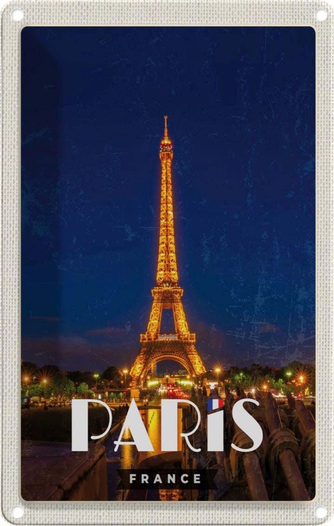 [LA-1781959] Blechschild 18x12 cm Paris France Eiffelturm Nacht Lichter Abenteuer Reisen Urlaub