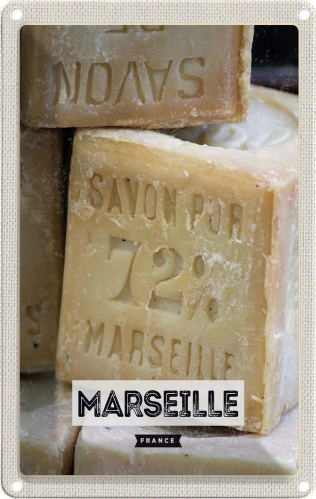 [LA-1781989] Blechschild 18x12 cm Marseille France Savon pur 72% Bildmotiv Reisemotiv Abenteuer Reisen Urlaub