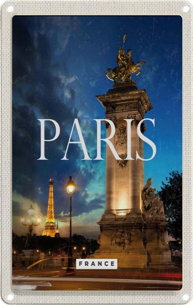 [LA-1781995] Blechschild 18x12 cm Paris France Eiffelturm Nacht Retro Bildmotiv Reisemotiv Abenteuer Reisen Urlaub