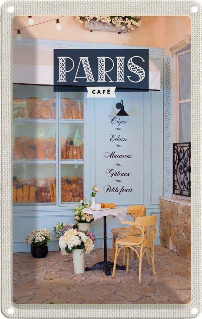 [LA-1782009] Blechschild 18x12 cm Paris Cafe Crepes Eclairs Macarons Bildmotiv Reisemotiv Abenteuer Reisen Urlaub