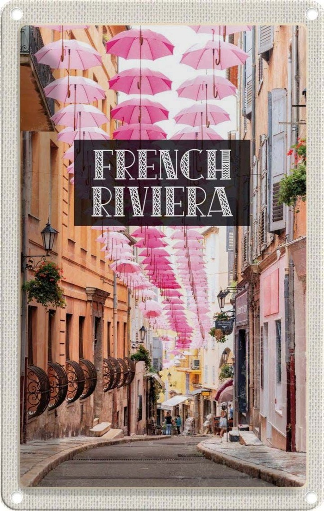 [LA-1782014] Blechschild 18x12 cm French riviera rosa Schirm Altstadt Bildmotiv Reisemotiv Abenteuer Reisen Urlaub
