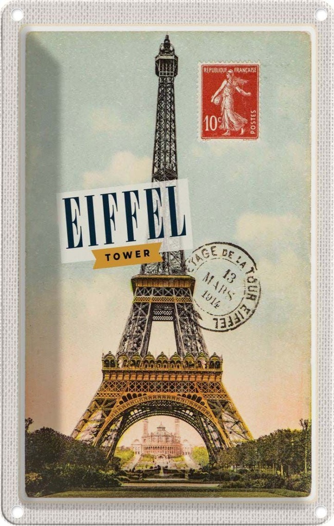 [LA-1782080] Blechschild 18x12 cm Eifell tower Reisen Urlaub 13 Mars 1914 10c postes Bildmotiv Reisemotiv Abenteuer